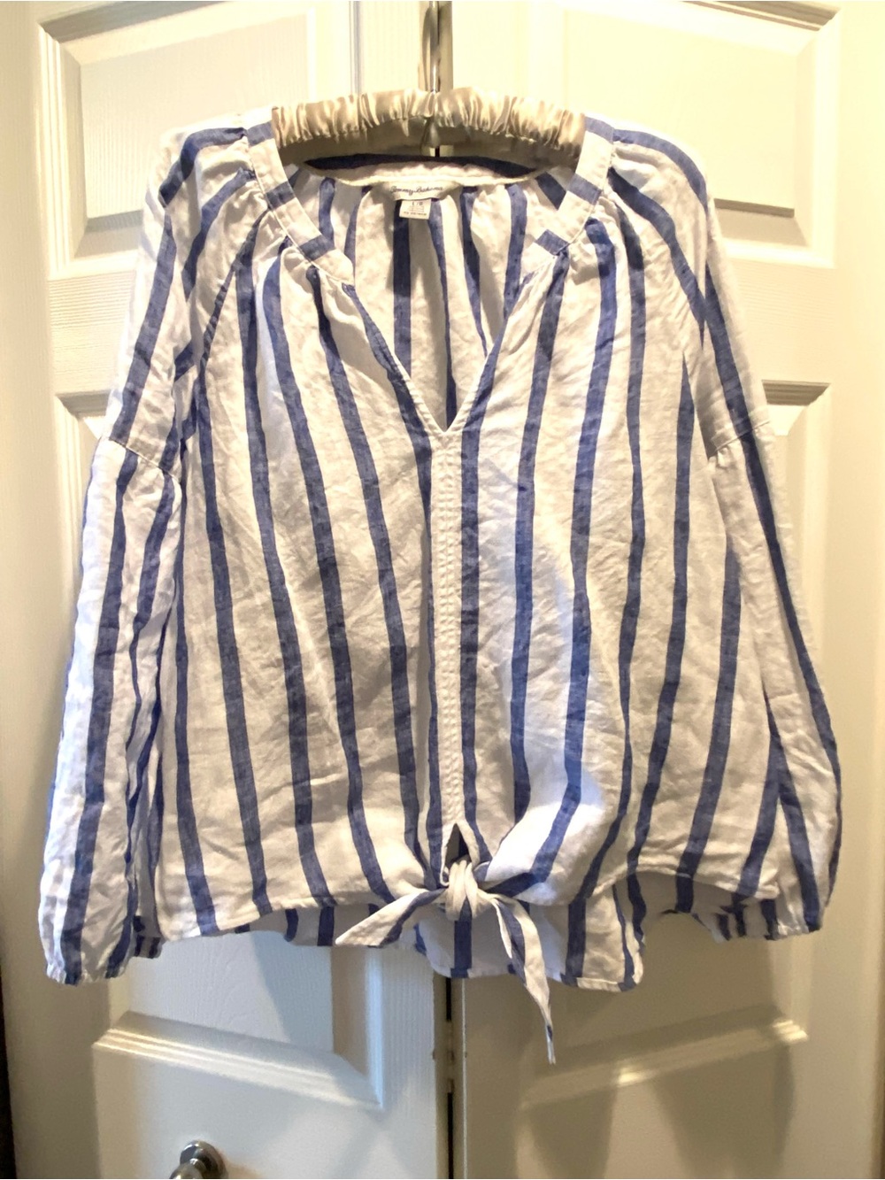 Tommy Bahama Linen Blue and White Striped Tie-Front Blouse